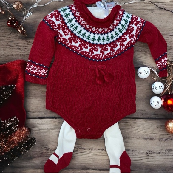 NEW TAHARI BABY FAIR ISLE KNIT SWEATER ROMPER SET• BONNET•TIGHTS•S/3-6M - Picture 3 of 12